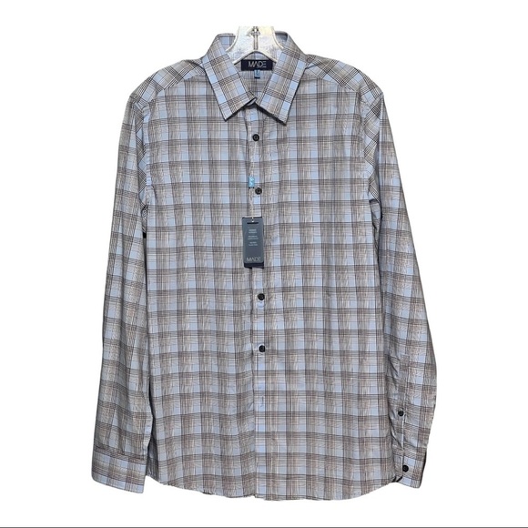 MADE by Cam Newton Tailored-Fit Long Sleeve Button-Up Shirt Blue Plaid Small - Picture 1 of 4